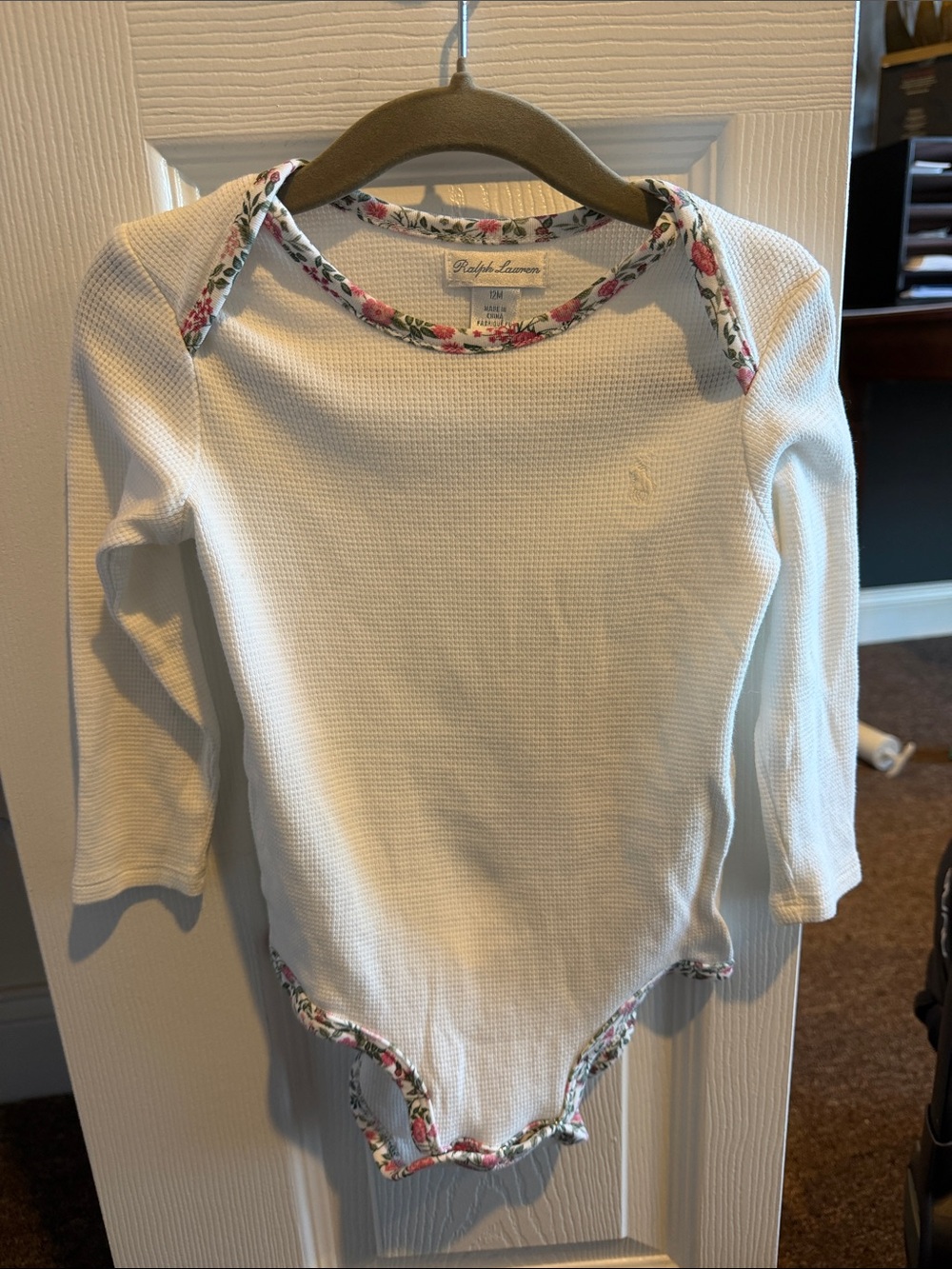 Ralph Lauren White Long-Sleeve Baby Bodysuit with Pink Floral Trim